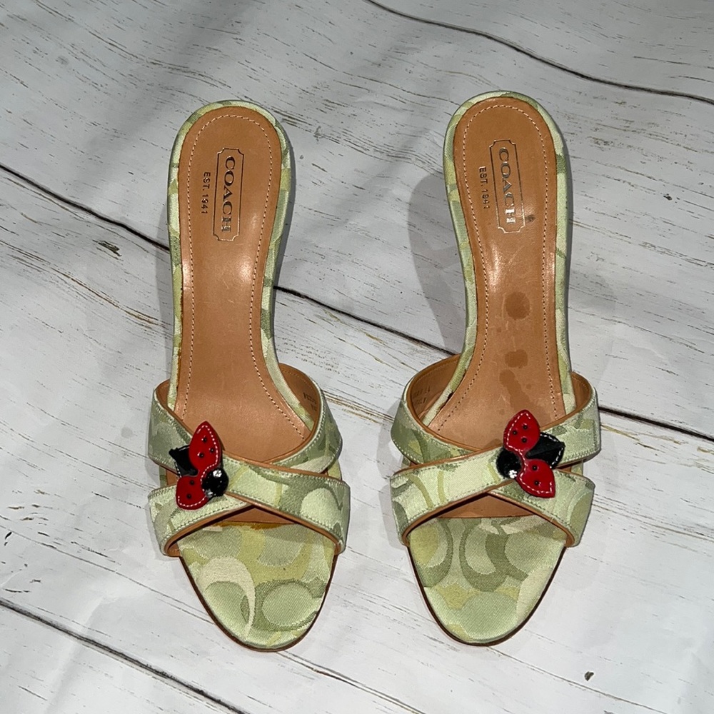 Coach light green logo slip on ladybug  heels